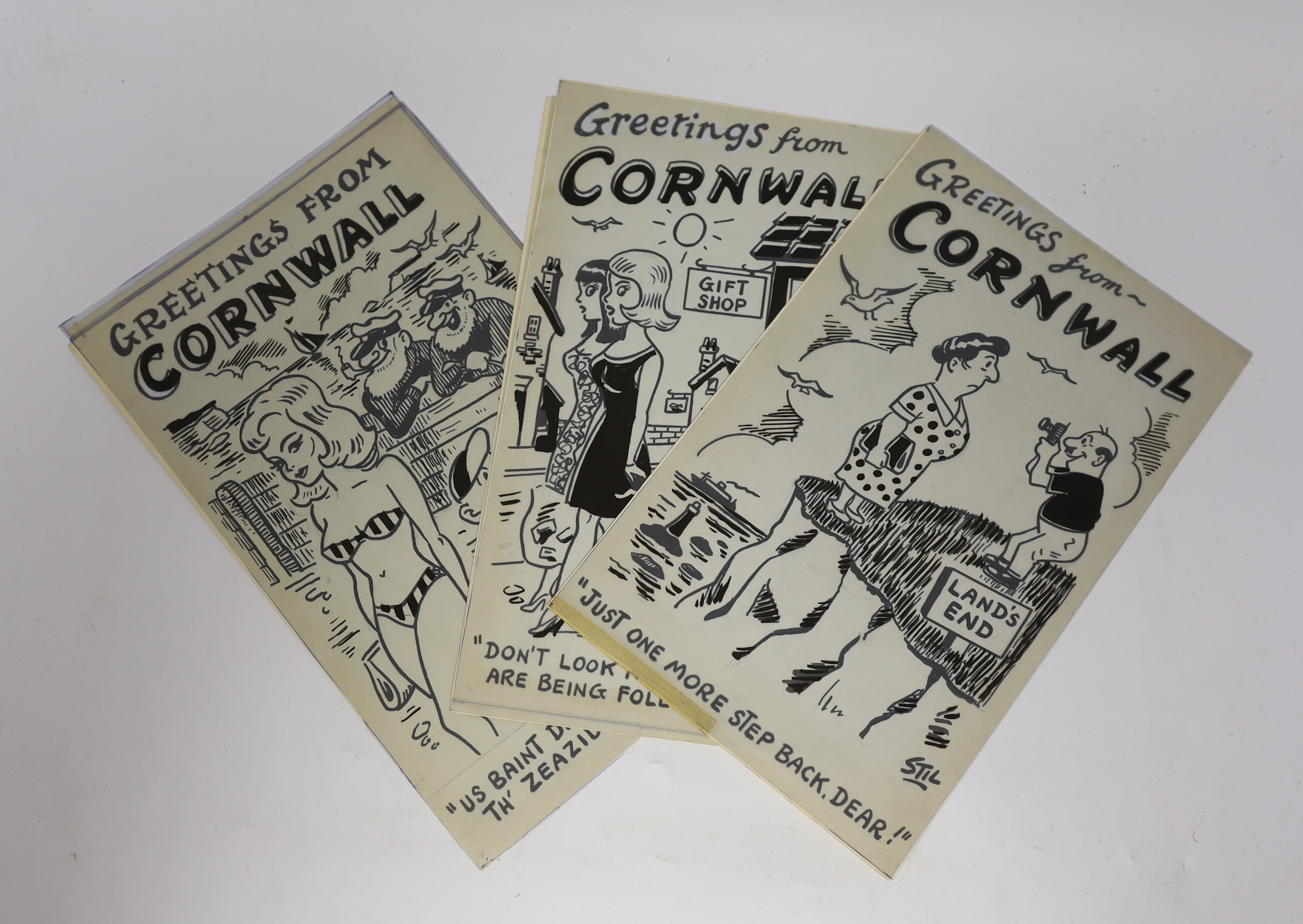 George Stillings 'Stil' (1907-1967), set of six original ink postcard cartoons, Cornish subjects, each 28 x 18cm
